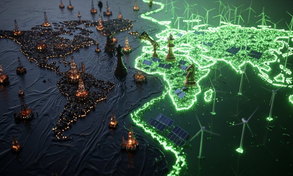 Ilustrasi peta dunia yang menggambarkan pergeseran geopolitik energi hijau dari era minyak bumi menuju era energi terbarukan.
