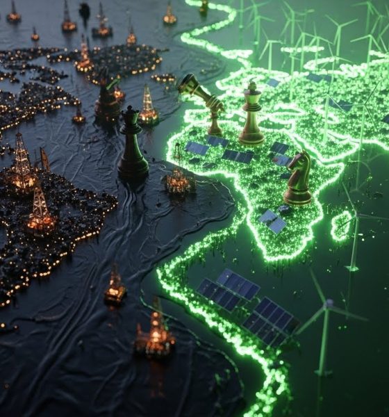 Ilustrasi peta dunia yang menggambarkan pergeseran geopolitik energi hijau dari era minyak bumi menuju era energi terbarukan.