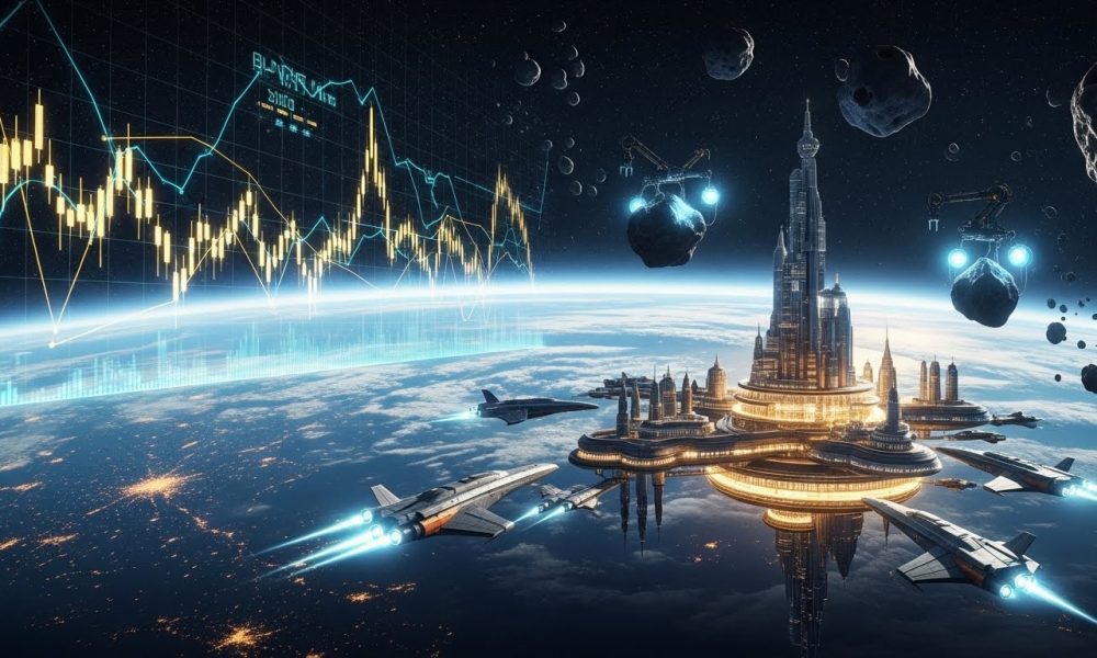 Ilustrasi visual peluang investasi di sektor ekonomi luar angkasa dengan latar belakang stasiun orbital dan grafik saham digital.
