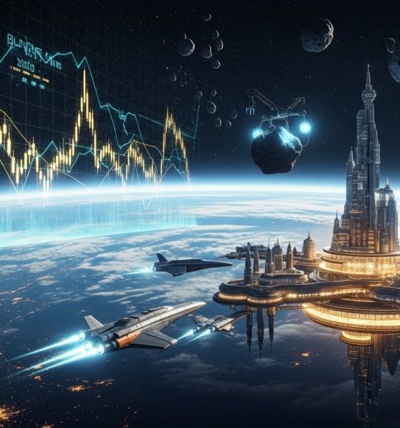 Ilustrasi visual peluang investasi di sektor ekonomi luar angkasa dengan latar belakang stasiun orbital dan grafik saham digital.