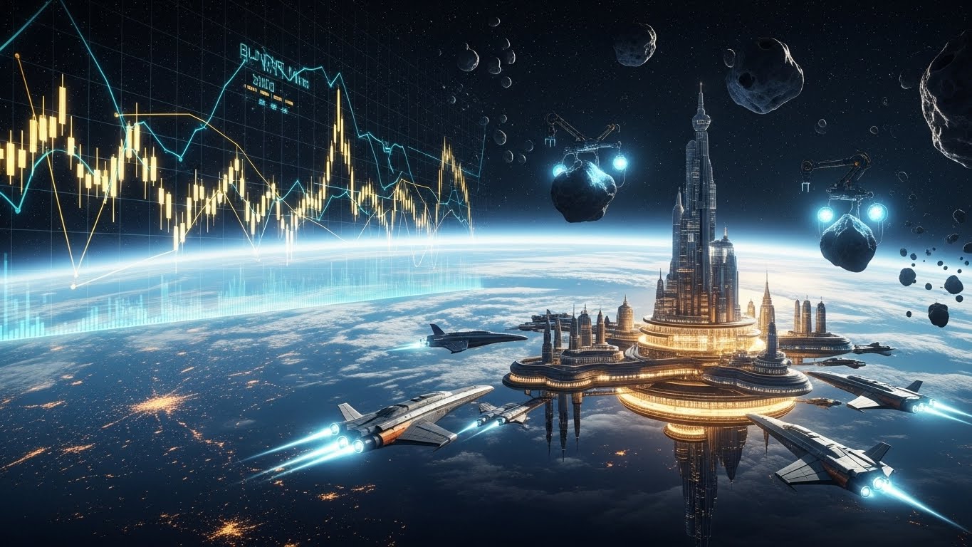 Ilustrasi visual peluang investasi di sektor ekonomi luar angkasa dengan latar belakang stasiun orbital dan grafik saham digital.