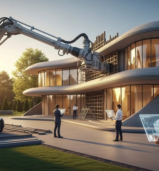 Ilustrasi masa depan industri konstruksi dengan teknologi cetak 3D yang sedang membangun rumah modern.