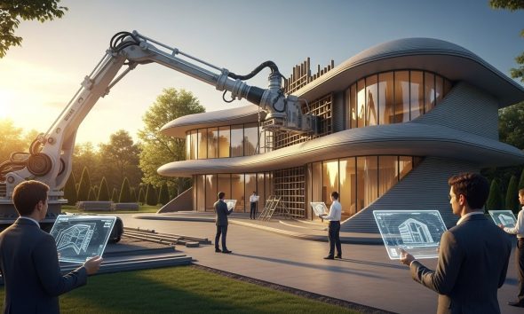 Ilustrasi masa depan industri konstruksi dengan teknologi cetak 3D yang sedang membangun rumah modern.