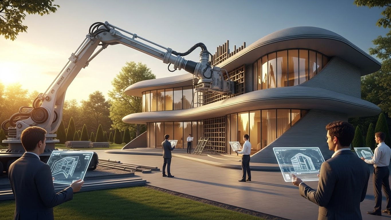 Ilustrasi masa depan industri konstruksi dengan teknologi cetak 3D yang sedang membangun rumah modern.
