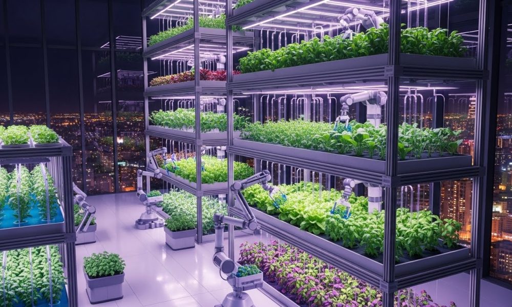 Interior pertanian vertikal (vertical farming) futuristik dengan lampu LED dan sistem robotik otomatis.
