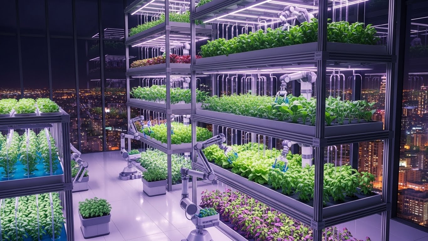 Interior pertanian vertikal (vertical farming) futuristik dengan lampu LED dan sistem robotik otomatis.